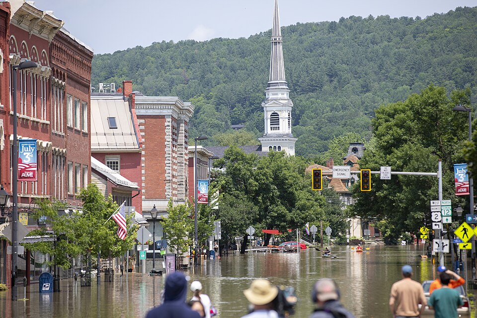 Aerial view of flooding in downtown Montpelier, Vermont, July 2023