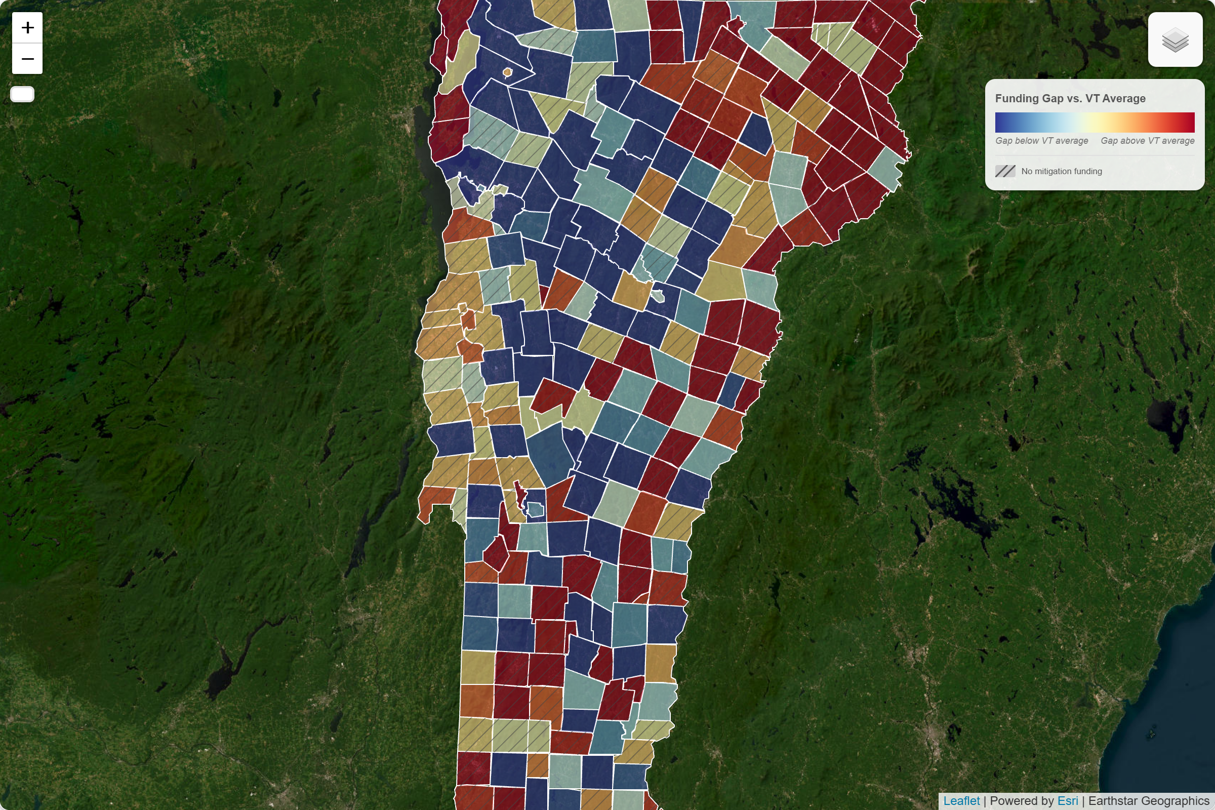 Map of Vermont showing the gap between need and funding, with many high-need towns showing little or no funding