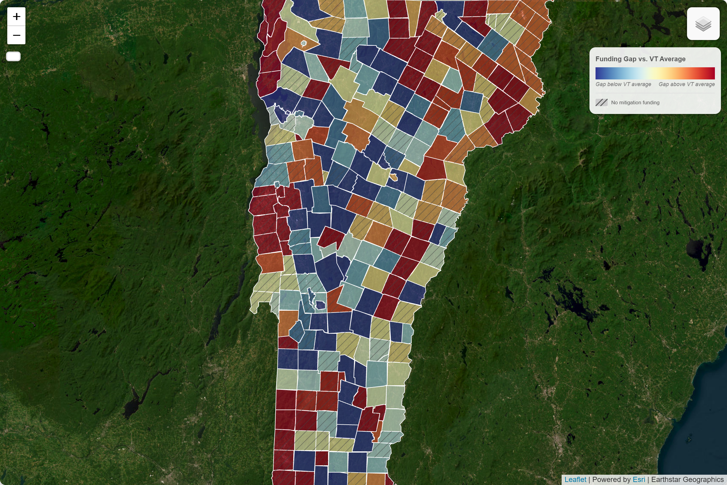 Map of Vermont showing the funding gap under the FEMA NRI model