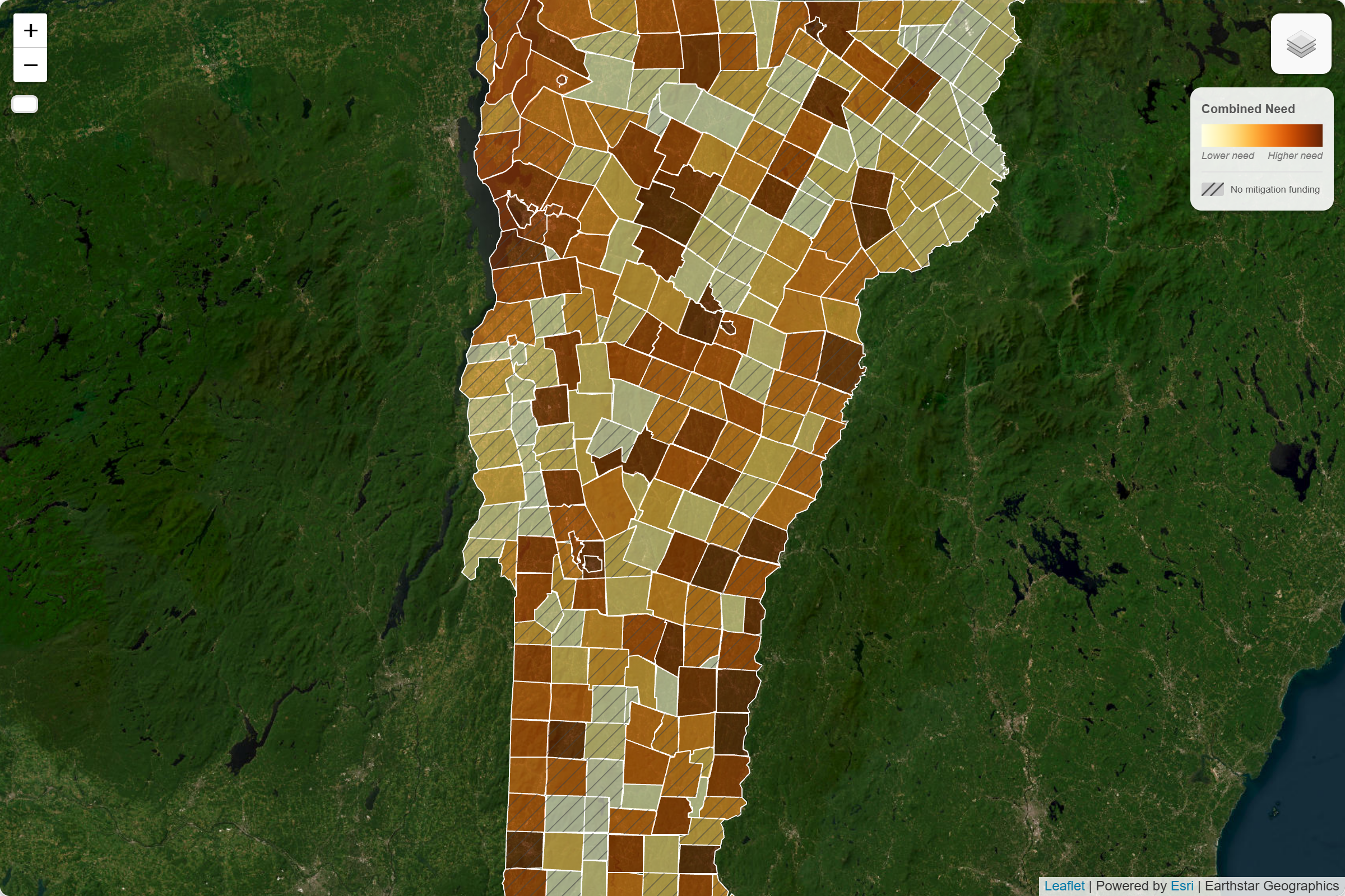 Map of Vermont showing the need index by town (total risk model)