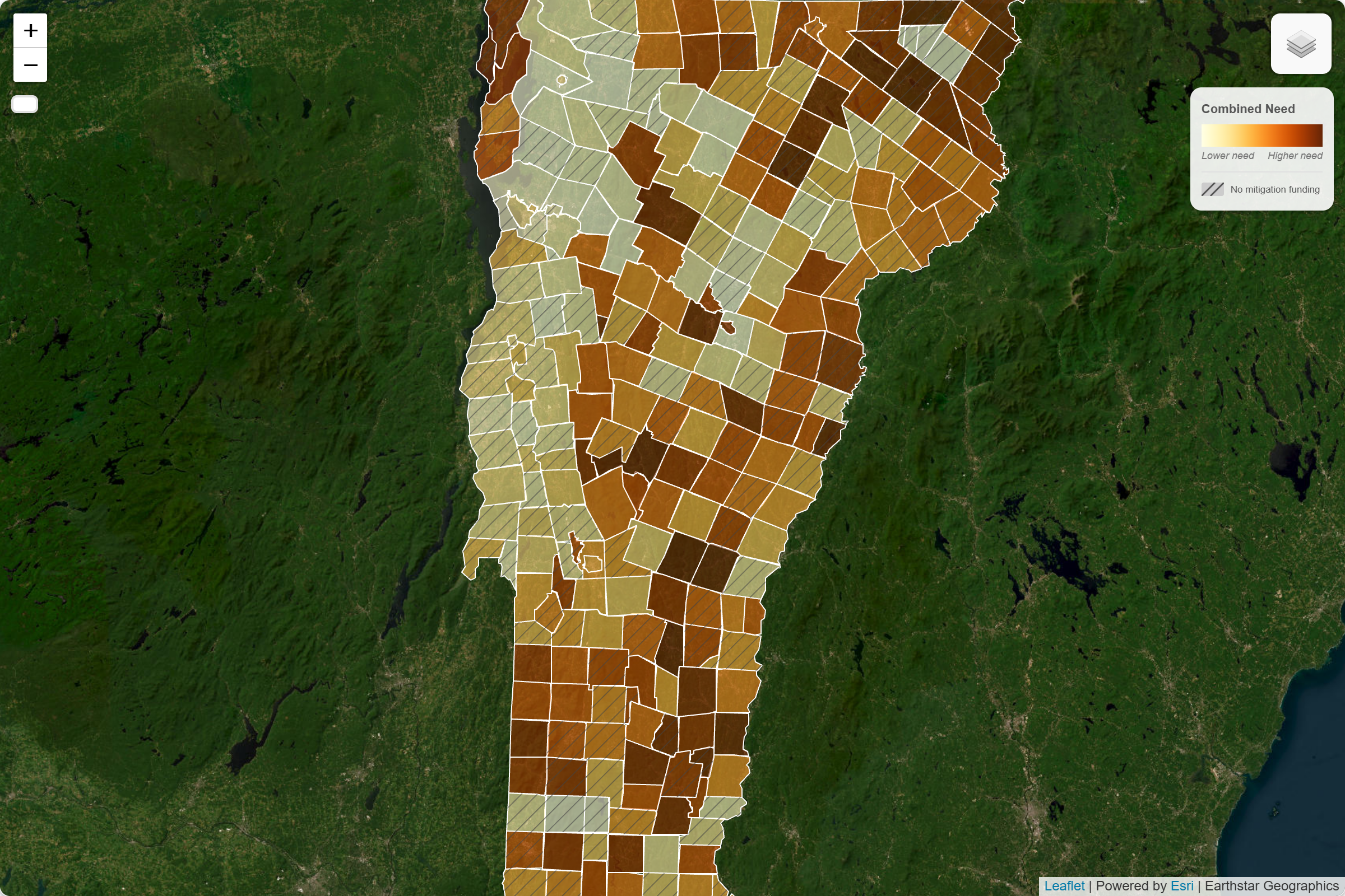 Map of Vermont showing the need index by town, with hotspots in river corridors and the Northeast Kingdom