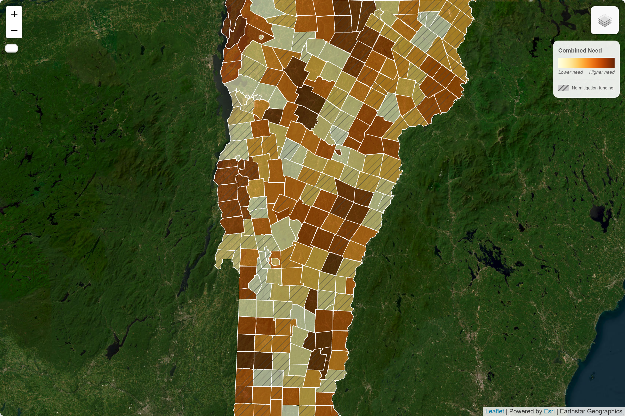 Map of Vermont showing the need index by town (FEMA NRI model)