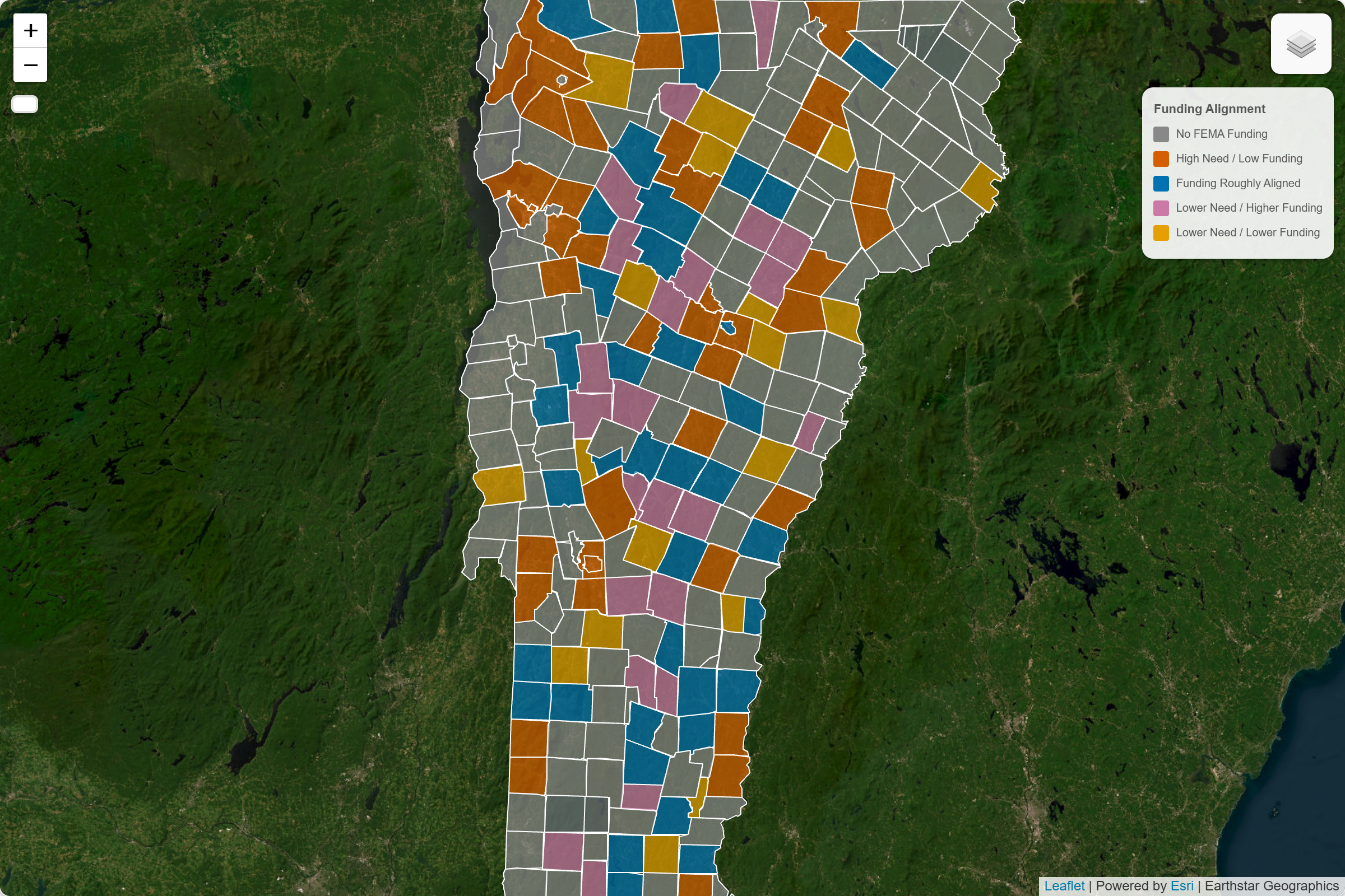 Quadrant chart categorizing towns by need and funding (total risk model)