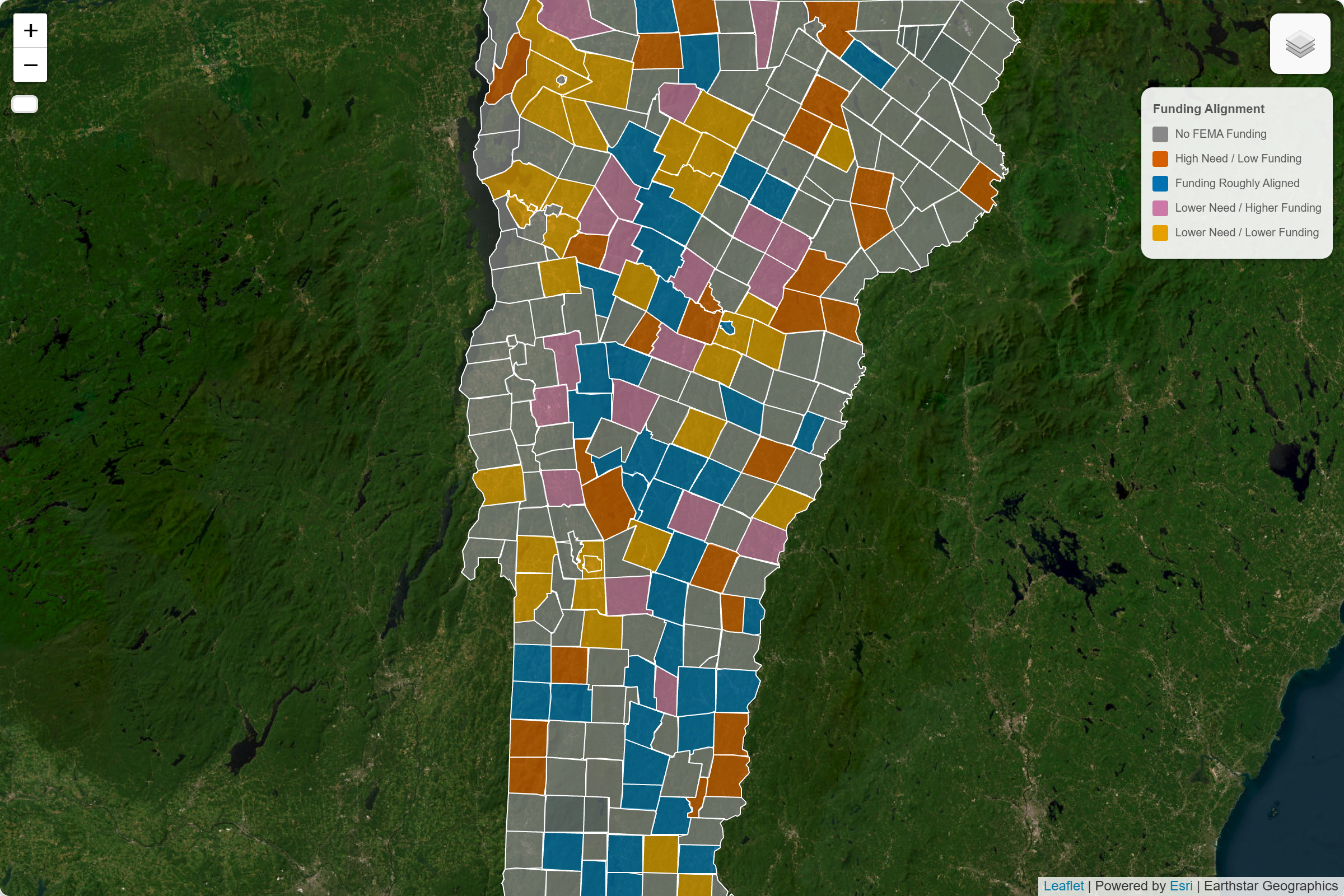 Quadrant chart categorizing towns by need and funding, with many high-need towns in the underfunded and zero-funded quadrants