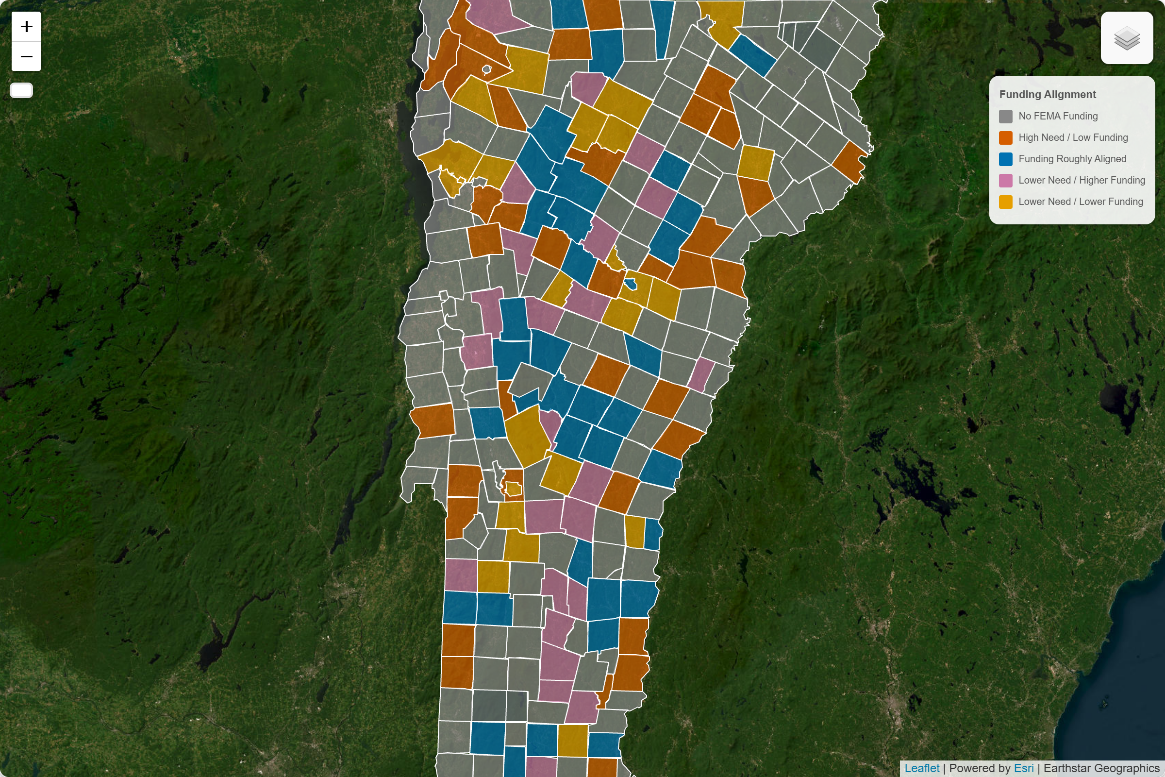 Quadrant chart categorizing towns by need and funding (FEMA NRI model)