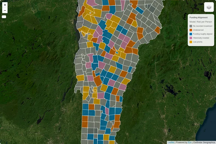 Interactive map of Vermont towns classified by flood risk and FEMA mitigation funding alignment