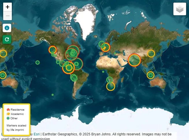 World map with color-coded circular markers showing locations across the author's travels