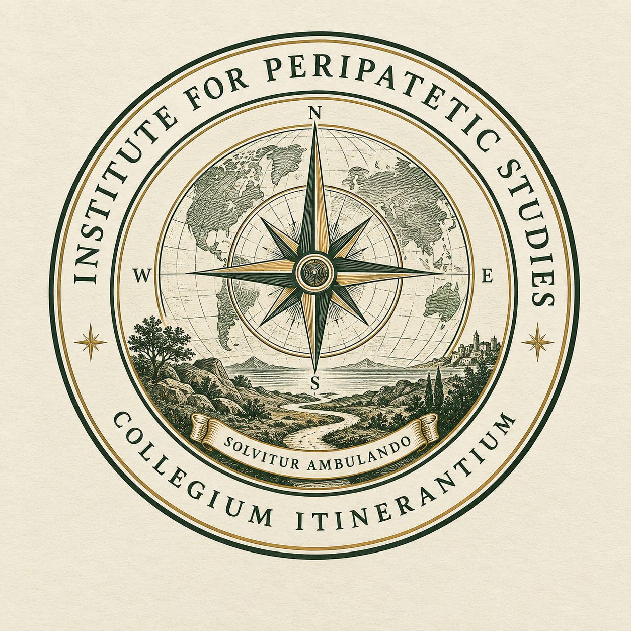 Seal of the Institute for Peripatetic Studies — a compass rose over a globe and winding path, bearing the motto Solvitur Ambulando