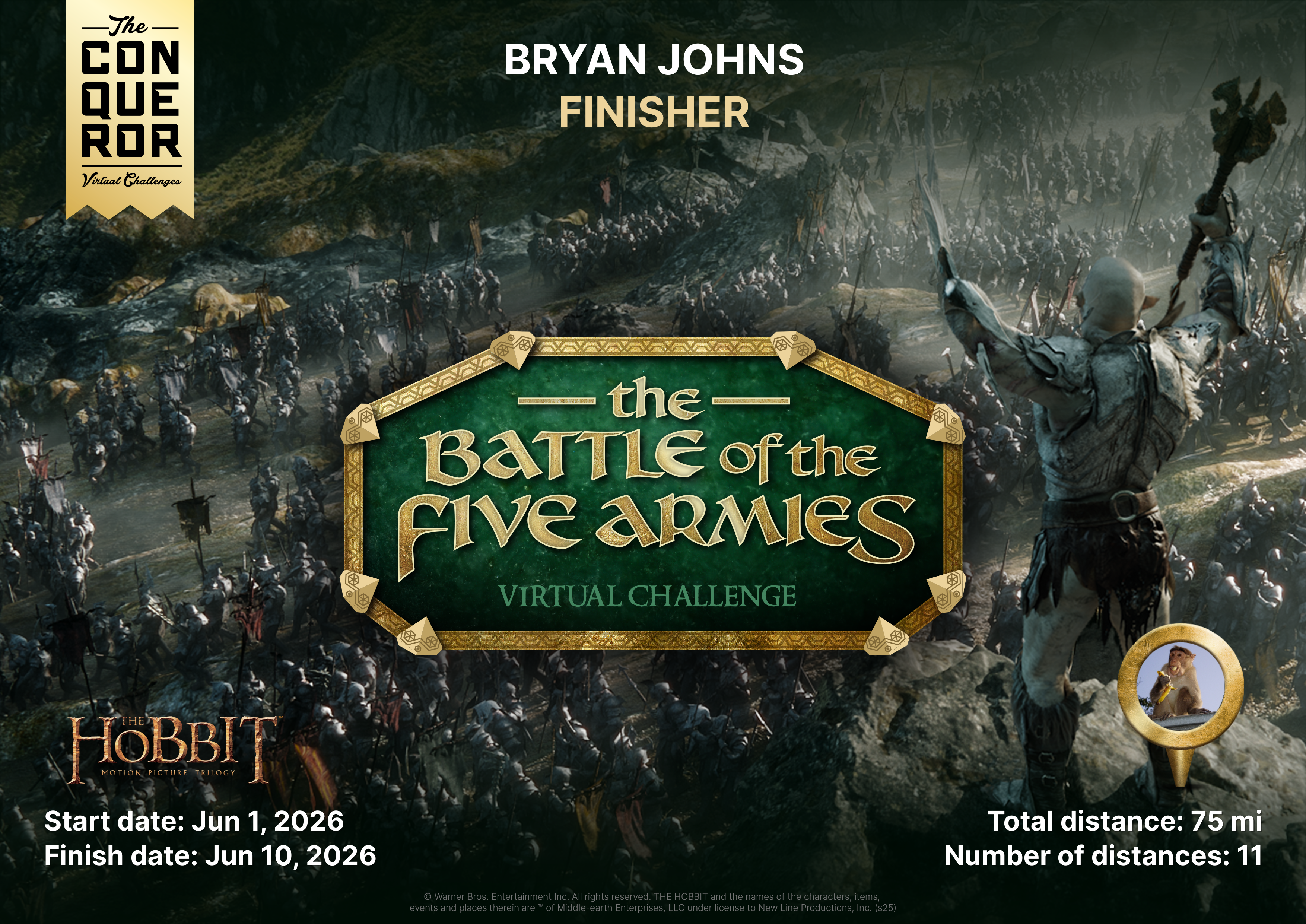The Conqueror completion certificate — Battle of the Five Armies segment