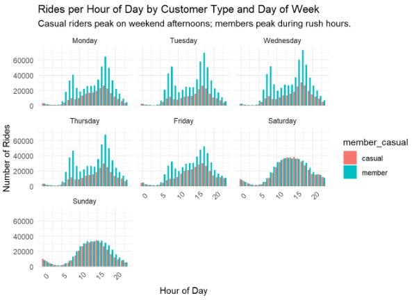 Rides per Hour and Day of Week, by Member Type