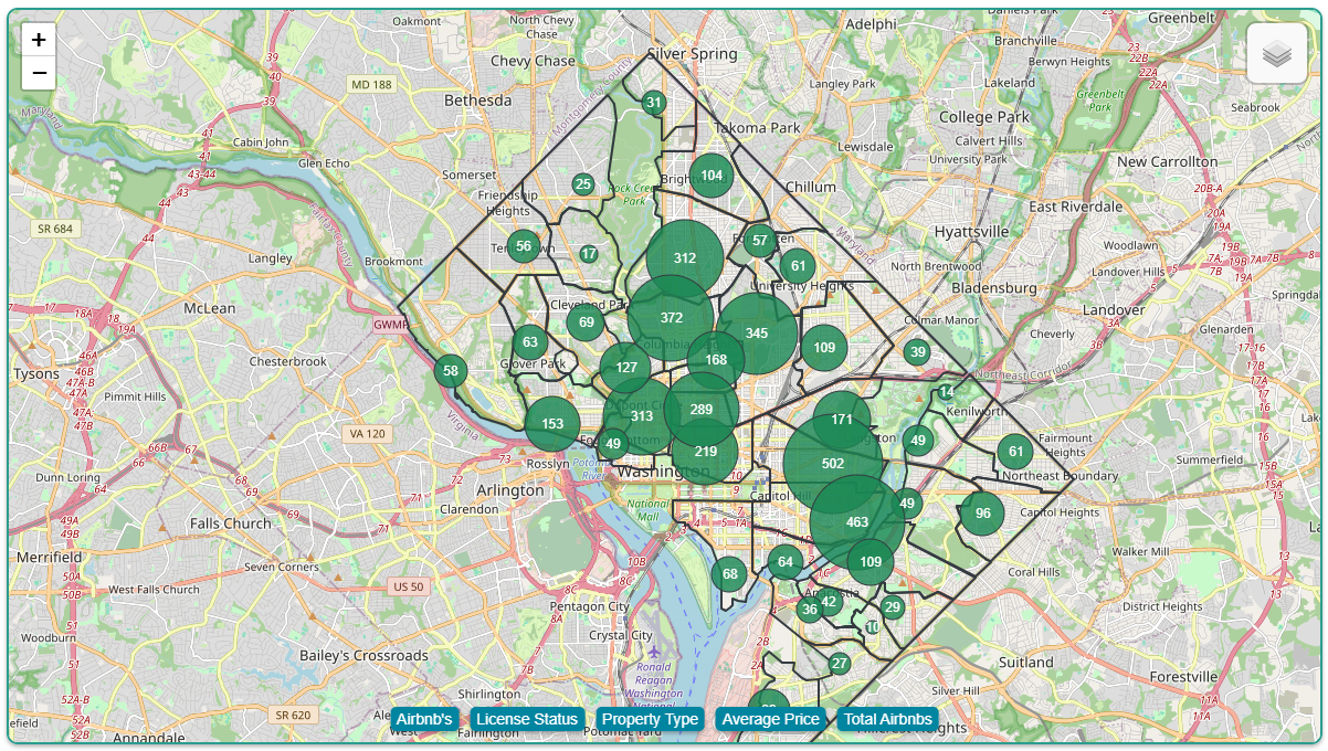 Bubble Map, Count of Washington, DC AirBnB's by Neighborhood