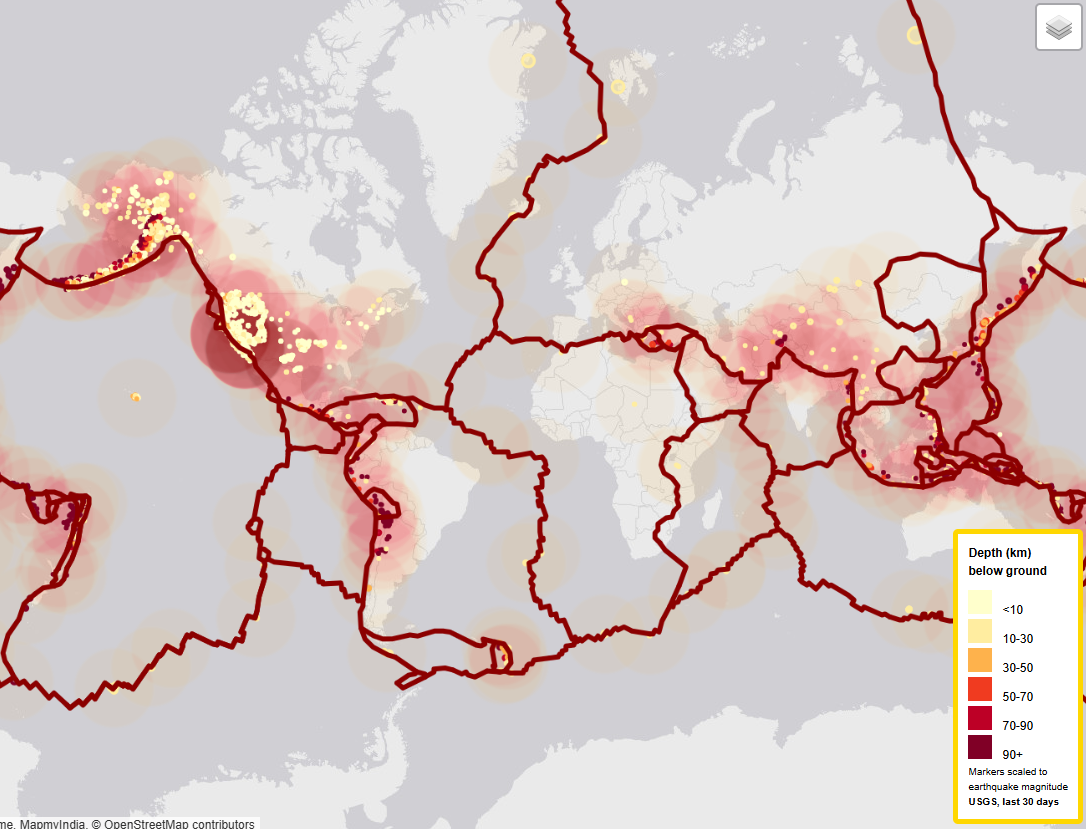 Tectonic Plates Layer with Heat Map and Earthquake Markers